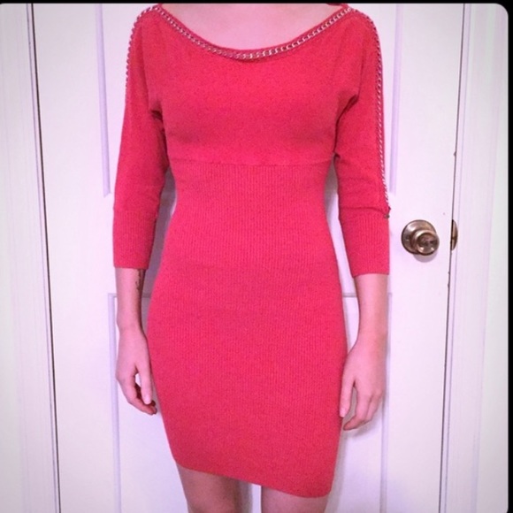 Y2K GUESS CORAL SWEATER DRESS CHAIN DETAIL KNIT SZ MED BODYCON SEXY - Picture 3 of 10